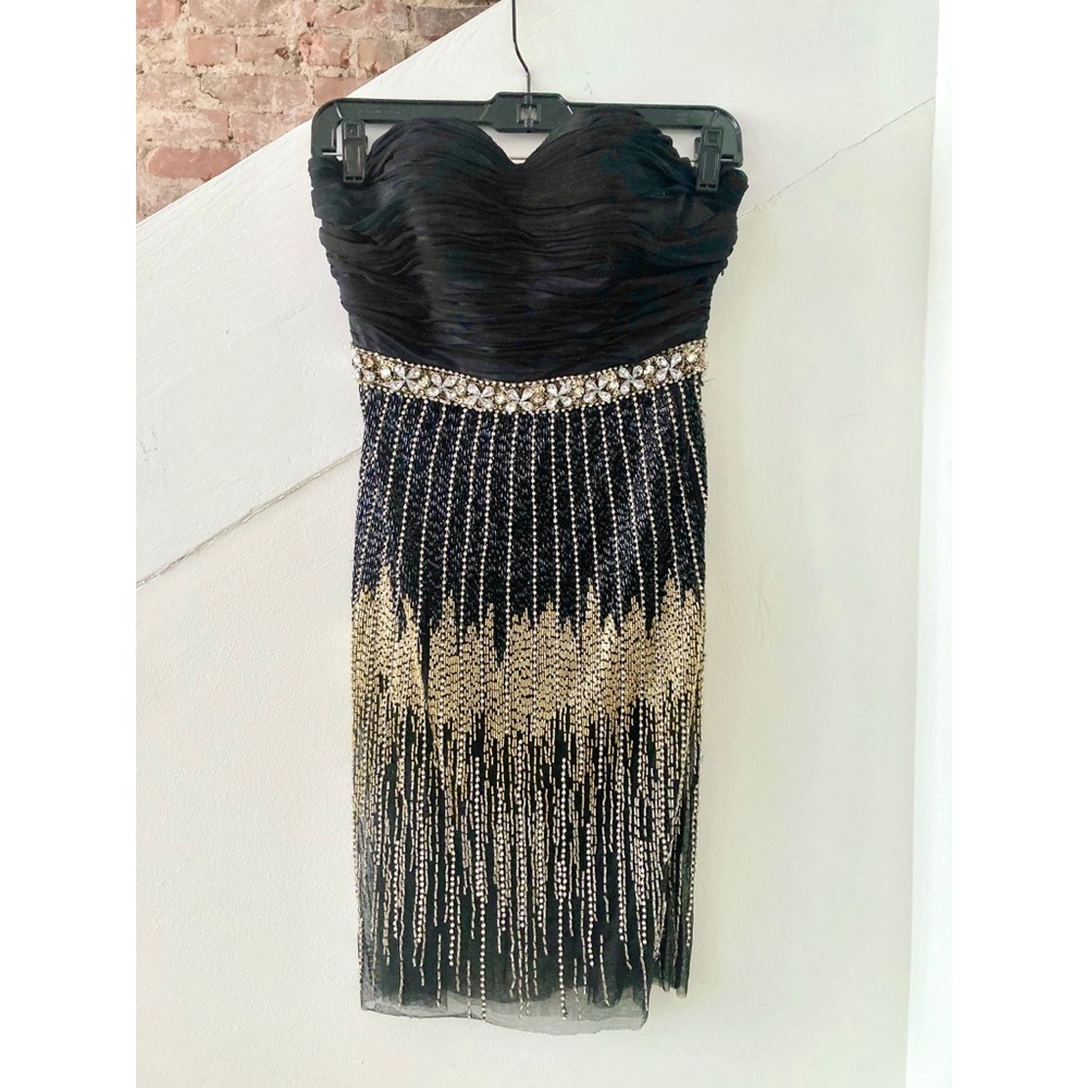 Terani Couture Black & Gold Beaded Cocktail Dress